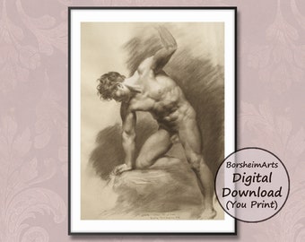 Print muscular nude man charcoal drawing, sepia digital download Prudhon copy 2 Tasteful male nude art printable standing figure drawing man