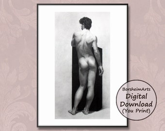 Nude male pencil drawing print Standing man's back and butt art sketch printable Italian Tasteful male nude artwork inspired by Michelangelo