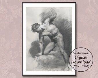 Classic male nude charcoal drawing mastercopy printable muscular athletic man gay interest Black White bathroom wall art print decor Prudhon