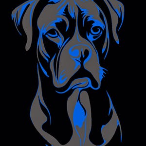 Può includere: Illustrazione stilizzata del volto di un cane, resa in tonalità di grigio e blu su sfondo nero. I lineamenti del cane sono definiti da linee audaci, creando un effetto grafico sorprendente. L'opera d'arte cattura l'essenza della razza canina.