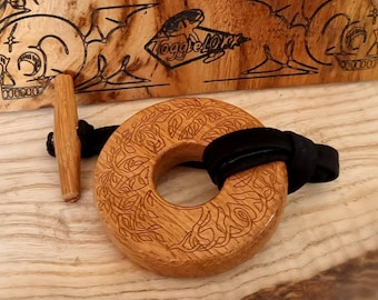 Oak Wood ToggleLOXX Easy Dreadlock Tie with Tree of Life engraved design. hand turned toggle with strong elastic with silicone lining