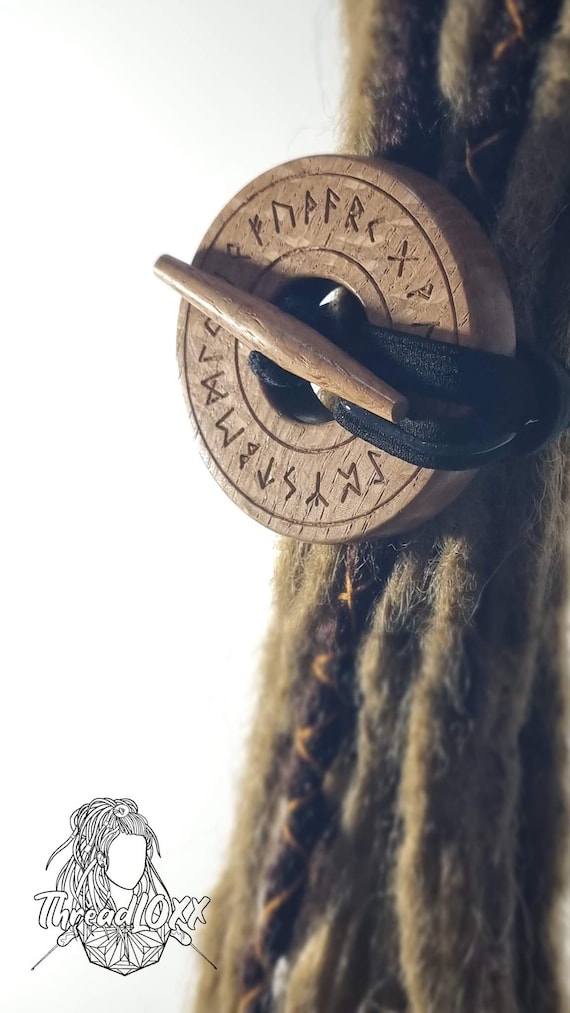 Handcrafted Oak ToggleLOXX Dread Tie with Norse Runes Engraved Design – Timeless Loc Accessory