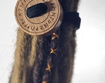 Oak Wood ButtonLOXX Easy Dread Tie with Norse Runes engraved design. strong elastic non-slip hairband for locs