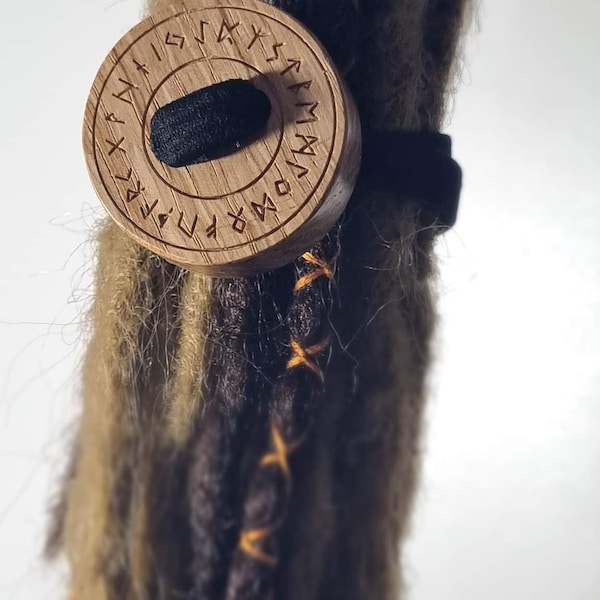 Oak Wood ButtonLOXX Easy Dread Tie with Norse Runes engraved design. strong elastic non-slip hairband for locs