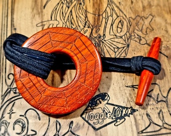 Red Padauk Wood with Bagua Mirror Design Engraved ToggleLOXX Deadlock Tie with Hand-turned Toggle and Strong Non-slip Elastic - Easy to Use