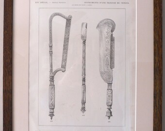 Vintage French Wall Art. Framed 1884 French Hunters Tools Print. Antique Decor