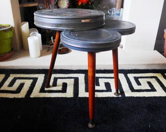 Movie Decor.  Vintage 16mm Film Canisters Repurposed in to a Table on Vintage Tapered Legs. Small Occasional Table.