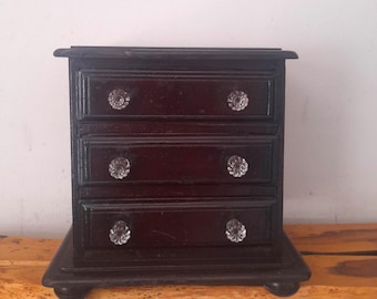 Antique Apprentice Piece, Chest of Drawers with Glass Knobs. Small Storage. Dolls House Furniture. Jewellery Box