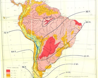 Unique Gift for Him, Large Vintage Map South America, 1950s Geography Wall Art