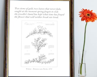 Stampa di poesie di Paul Verlaine, arte murale floreale vintage, poster letterario francese, decorazione botanica per la casa, stampa simbolista, bellezza protetta