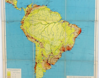 Vintage Wall Map 1950's, Large South America School Map, Mid Century Home Decor