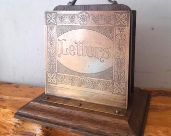 Antique Edwardian Brass & Oak Letter Rack | Vintage Art Nouveau Mail Holder | Embossed Rose Pattern | Hallway Decor | Penpal Aesthetic