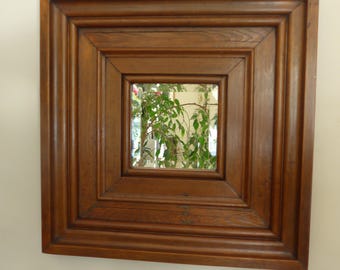 Vintage Wide Deep Tiered Wooden Moulding with Small Mirror | Natural Wood | Dark Academia Chateaucore | 49cm Square