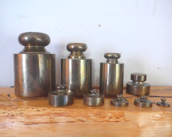 Vintage Brass Scale Weights, 2kg to 5g, Set of 9 Kitchen Weights.