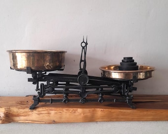 Antique Cast Iron Balance Scales with Brass Weighing Pans. Kitchen Decor, Cottagecore, Chateaucore.