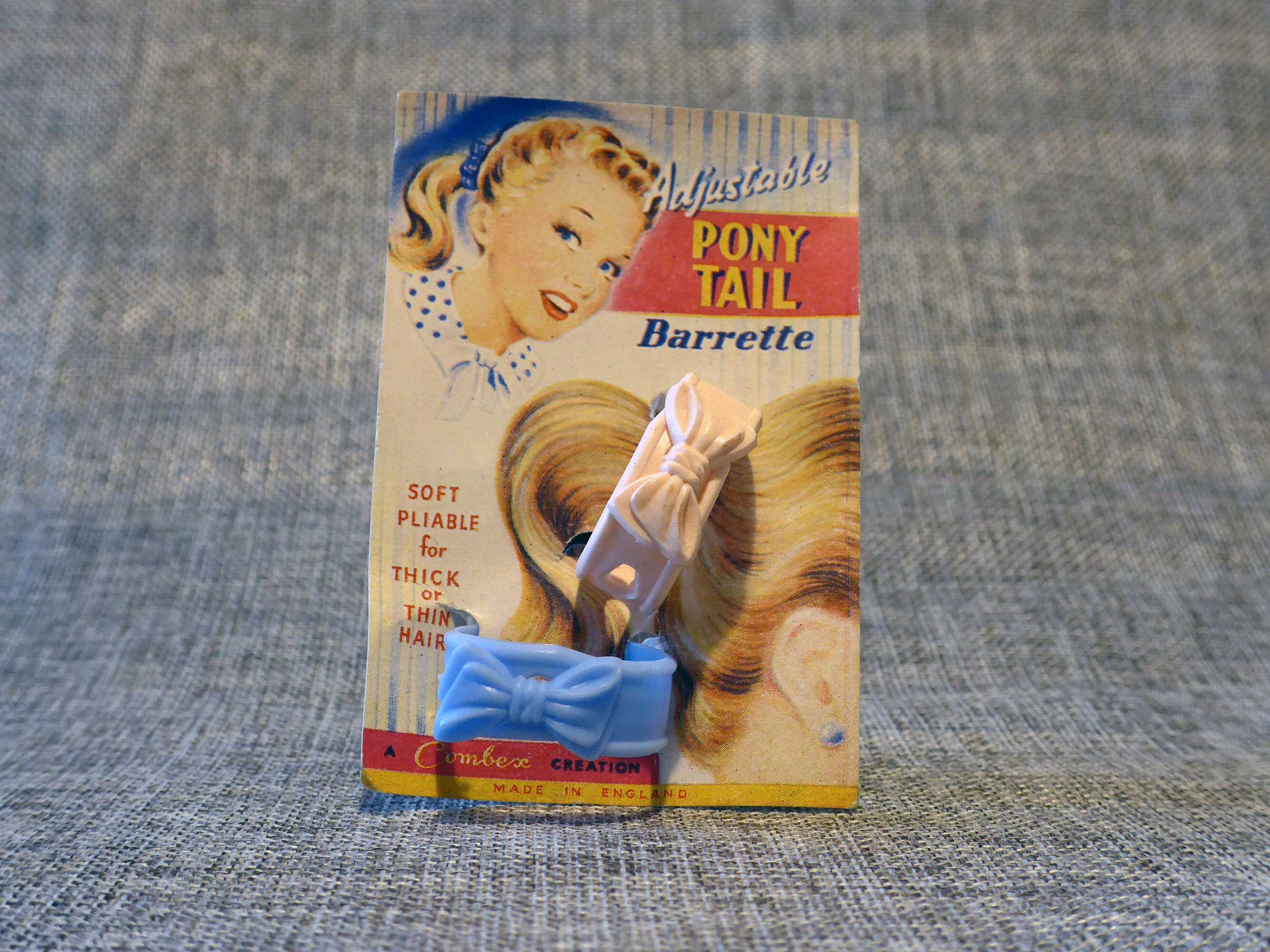 Made in England 1950s pony Tail Adjustable Barrettes on Lovely Display card 