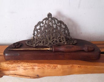 Vintage English Oak and Cast Brass Desk Set | Ornate Filigree Letter Rack and Matching Letter Opener |  Desk Decor | Penpal Aesthetic