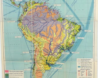 Original 1950s South America Map, Vintage George Philip School Map, Geography Wall Art