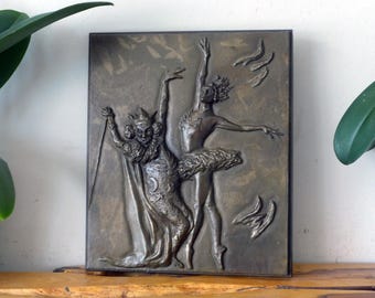 Ballet Gift. Royal Ballet Dancers in a Vintage Bronze "Firebird" Plaque, by Victor Welsh (1984)