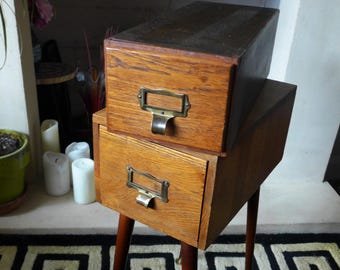 Funky Furniture. Unique Quirky Side Table, Repurposed from Vintage Solid Wood Card Index Boxes on Dansette Legs.