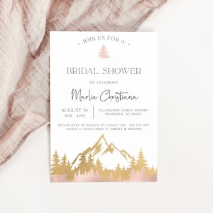 Mountain Invitation for Bridal Shower, Blush Gold White Invitation, Destination Wedding, Printable Instant Download, Editable Template, 5x7