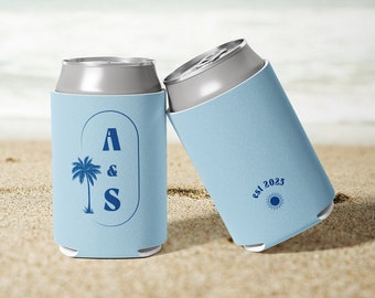 Beach Wedding Custom Can Coolers, Tropical Wedding, Destination Wedding, Wedding Favors, Party Favor, Beer Holder, Palm Tree