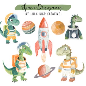 Aquarel ruimte dinosaurussen clip art set - commercieel gebruik toegestaan - schattige astronaut dinosaurussen met planeten en raket