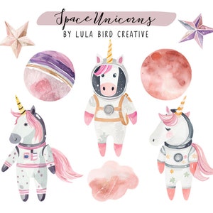 Ensemble de clip art aquarelle licornes de l'espace - usage commercial autorisé - rose et violet - licornes astronautes mignonnes, planètes, étoiles