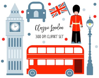 Classic London Clipart Set - Commercial Use Allowed - London Red Bus, Guard, Union Jack, Taxi, Lamp, Big Ben Illustrations British Clip Art