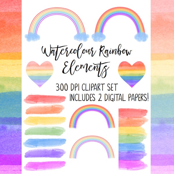 Watercolour Rainbow Clipart Set and Digital Elements - Commercial Use Allowed - Watercolor Rainbows, 2 Digital Papers, Brush Strokes Swatch