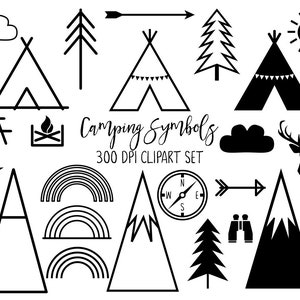 24 SVG and PNG Camping Adventure Clip Art Set - Commercial Use Allowed -Cute Monochrome Outdoors Symbols - Mountain, Teepee, Rainbow, Arrows