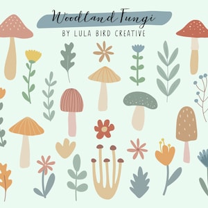 Ensemble de clipart champignons des bois - champignons, champignons vénéneux, feuillage et fleurs dans des tons neutres ocre Scandi Clip Art - usage Commercial autorisé