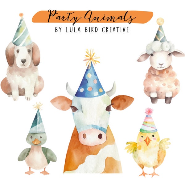 Watercolour Party Animals Clipart Set - Watercolour Sheep, Cow, Dog, Chick and Duckling with Party Hats Clipart - Commercial Use Allowed