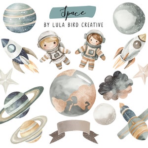 Set di clip art spaziali ad acquerello - Uso commerciale consentito - Toni tenui - Astronauti carini, Pianeti tra cui Saturno Luna Stella Satellite Razzo