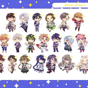May include: A collection of colorful anime-style character stickers. Each sticker features a unique character design with detailed clothing and hairstyles. The stickers are labeled "otomes stickers" and are set against a starry background.