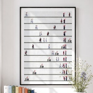 Minimalistisches Wandbild für Wohnzimmer und Büro mit vielen kleinen Menschen auf horizontalen grauen Linien. Moderne Street Photography als Fine Art Print Poster in A4, A3, A2, 40x50 cm ungerahmt mit markanten pinken Regenschirmen als Akzent