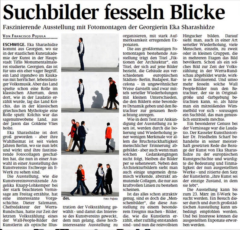 Pu&ograve; includere: Un articolo di giornale intitolato Suchbilder fesseln Blicke che presenta una colonna di testo e una serie verticale di quattro fotomontaggi che mostrano varie persone che camminano di profilo su uno sfondo chiaro con ombre nette.