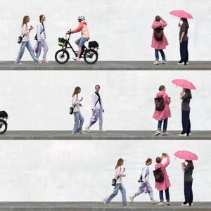 Pu&ograve; includere: Un'immagine composita che mostra diverse persone che camminano, vanno in bicicletta e stanno in piedi su un marciapiede. Gli individui indossano abiti casual, tra cui jeans, giacche e zaini. Una persona va in bicicletta.