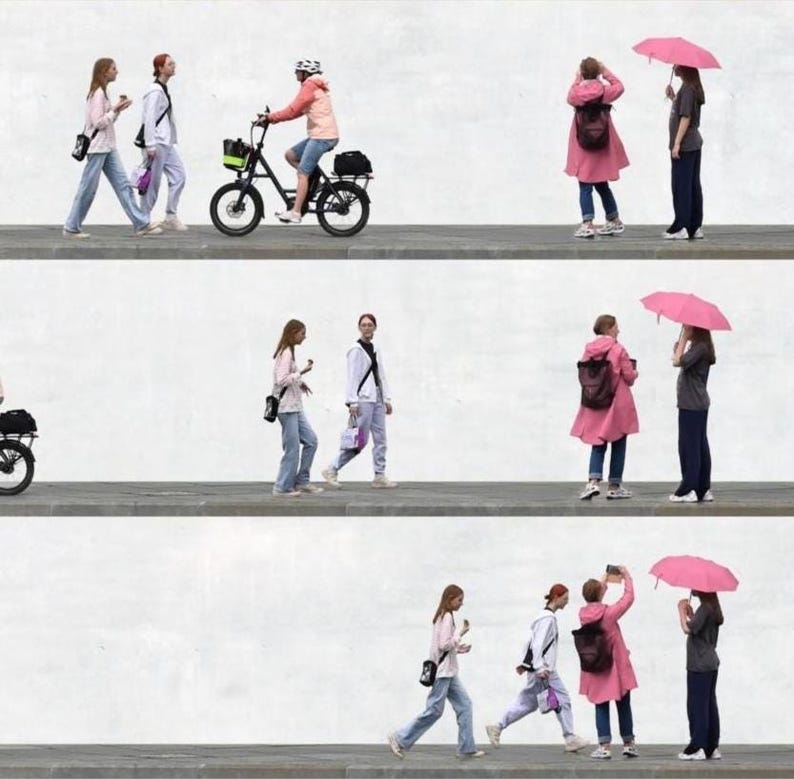 Pu&ograve; includere: Un'immagine composita che mostra diverse persone che camminano, vanno in bicicletta e stanno in piedi su un marciapiede. Gli individui indossano abiti casual, tra cui jeans, giacche e zaini. Una persona va in bicicletta.