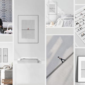 May include: A collection of framed minimalist art prints. Each print features a single figure on a line against a gray background. The images are displayed in a bright, white space, with a person in the background.