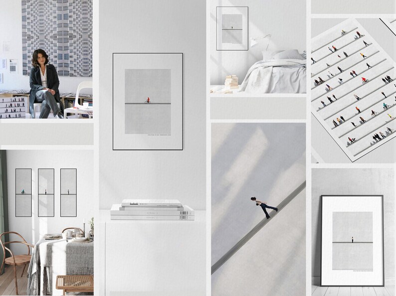 May include: A collection of framed minimalist art prints. Each print features a single figure on a line against a gray background. The images are displayed in a bright, white space, with a person in the background.