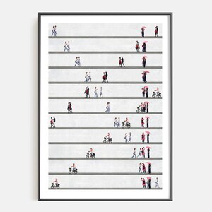 Pu&ograve; includere: Una stampa artistica incorniciata con molteplici linee orizzontali grigie su sfondo bianco. Piccole figure di persone che camminano, vanno in bicicletta e tengono ombrelli rosa sono disposte lungo queste linee in un motivo ripetitivo.