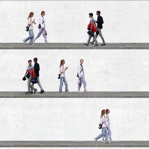 Pu&ograve; includere: Una collezione di ritagli isolati che mostrano varie persone che camminano di profilo. Le figure indossano abiti casual, tra cui jeans, giacche e camicie, con alcuni che portano borse a tracolla o piccoli oggetti mentre si muovono su una superficie grigia.
