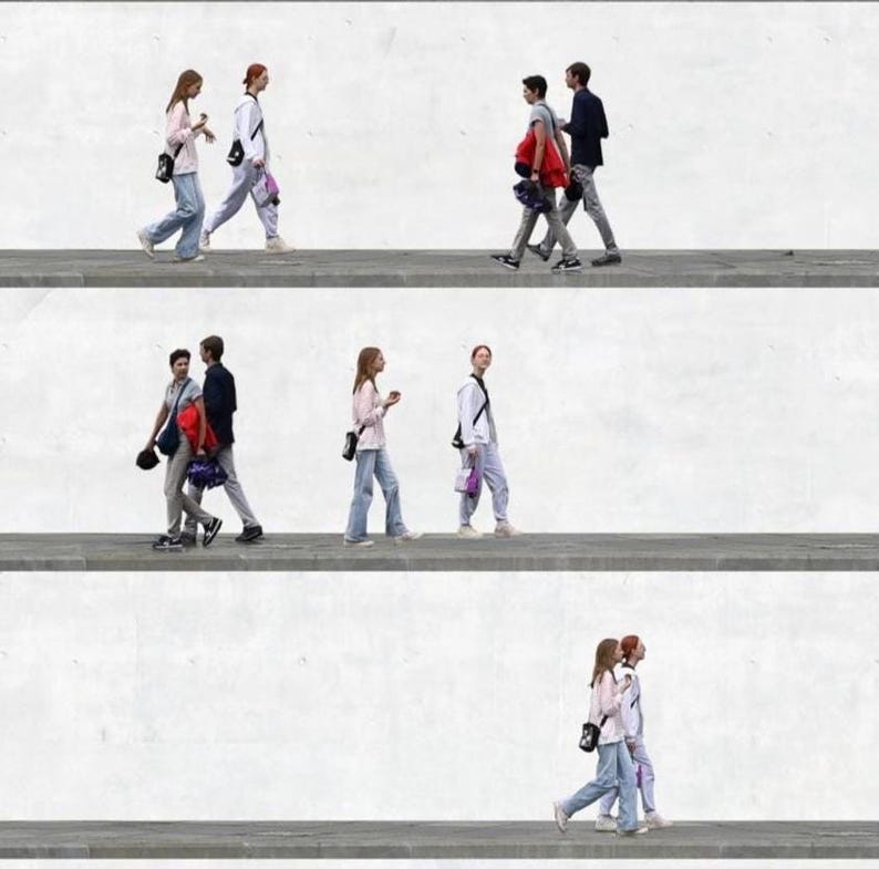 Pu&ograve; includere: Una collezione di ritagli isolati che mostrano varie persone che camminano di profilo. Le figure indossano abiti casual, tra cui jeans, giacche e camicie, con alcuni che portano borse a tracolla o piccoli oggetti mentre si muovono su una superficie grigia.