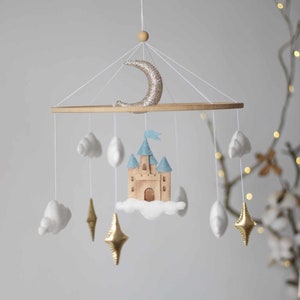 Castle mobile for magic nursery, castle in the sky mobile for baby shower. blue Fairytale Castle - Stars and Clouds Baby Mobile Boy