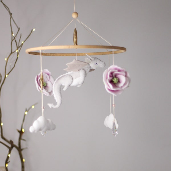 Dragon baby mobile for girls nursery | felt flowers mobile| baby shower gift. dragon flying in the clouds