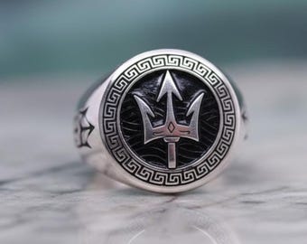 Men’s Trident Signet Ring – Sterling Silver Greek Key Ring – Black Enamel Statement Ring – Viking Mythology Jewelry, Party Ring for Men