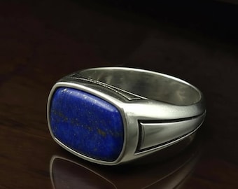 Blue Lapis Lazuli Ring for Men, Sterling Silver Signet Ring, Natural Stone Ring, Handmade Statement Jewelry,Vintage Style Lapis Lazuli Ring