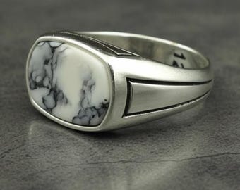 Howlite Signet Ring Men, Silver Vintage Style Ring, Handmade Statement Jewelry,White turuise silver ring, Men’s Gift