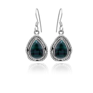 Pear Malachite Earrings: Handmade 925 Sterling Silver Dangle Earrings